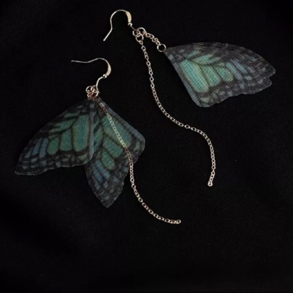 Blue Butterfly Fairy Wing Gold Chain Earrings - Picture 2 of 4